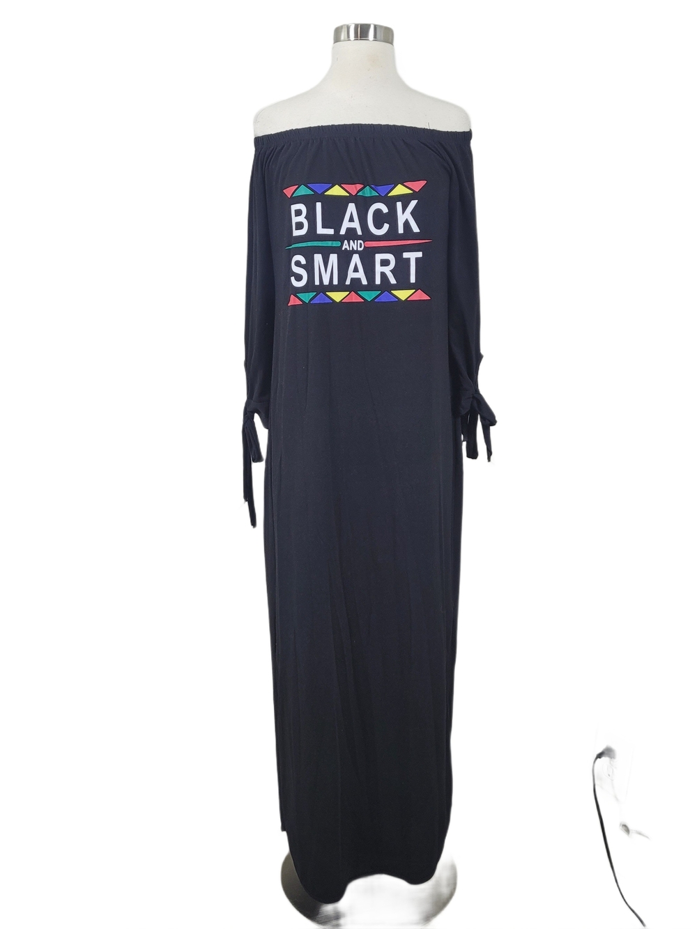 Black Off-Shoulder Maxi Dress with Colorful 'Black and Smart' Graphic Size XL